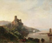 Pieter Lodewyk Kuhnen Romantic Rhine landscape with ruin at sunset oil painting artist